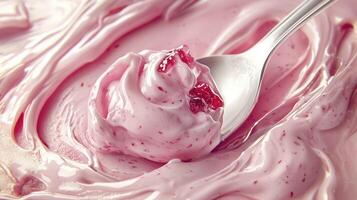 Berry yogurt with jam on spoon in close-up macro view photo