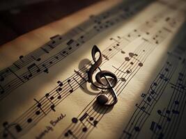 A treble clef rests on aged sheet music, bathed in warm light photo