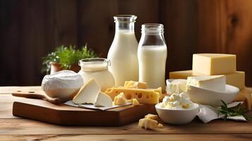 rustic wooden table displays an assortment of dairy products, including milk, cheese, and cream photo