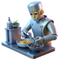 dramatic modern A robotic chef meticulously preparing a complex dish, illuminated by the bright lights of a futuristic kitchen, in a photorealistic style professional png