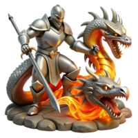 beautiful modern A courageous knight with shining silver armor and a holy sword, battling a monstrous hydra, in a fiery cavern. Heroic fantasy style, dynamic lighting professional png
