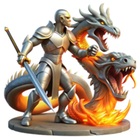 elegant modern A courageous knight with shining silver armor and a holy sword, battling a monstrous hydra, in a fiery cavern. Heroic fantasy style, dynamic lighting genuine png