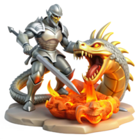 dramatic classic A courageous knight with shining silver armor and a holy sword, battling a monstrous hydra, in a fiery cavern. Heroic fantasy style, dynamic lighting exclusive png