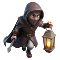 elegant creative A cunning rogue with a hooded cloak and a pair of daggers, sneaking through a shadowy alley, lit by a single flickering lantern. Noir fantasy style, low-key lighting genuine png
