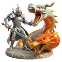 dramatic classic A courageous knight with shining silver armor and a holy sword, battling a monstrous hydra, in a fiery cavern. Heroic fantasy style, dynamic lighting premium png
