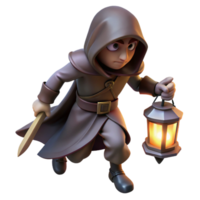 stunning classic A cunning rogue with a hooded cloak and a pair of daggers, sneaking through a shadowy alley, lit by a single flickering lantern. Noir fantasy style, low-key lighting high resolution png