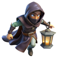 wonderful traditional A cunning rogue with a hooded cloak and a pair of daggers, sneaking through a shadowy alley, lit by a single flickering lantern. Noir fantasy style, low-key lighting detailed png