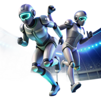 serene classic A group of robotic athletes competing in a futuristic sport, illuminated by stadium lights, in a dynamic, action-packed style 4K png