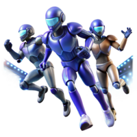 vibrant classic A group of robotic athletes competing in a futuristic sport, illuminated by stadium lights, in a dynamic, action-packed style detailed png