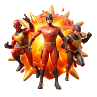 stunning modern A group of four diverse superheroes silhouetted against a fiery explosion, lit with dramatic orange and red hues in a dynamic, action-packed style detailed png