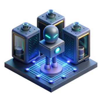 impressive modern A lone, sentient AI hologram flickers within a darkened server room, surrounded by complex circuitry and data streams. Dark, mysterious lighting. Cyberpunk aesthetic premium png