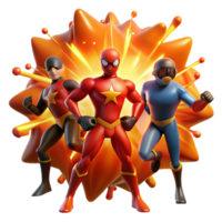 wonderful modern A group of four diverse superheroes silhouetted against a fiery explosion, lit with dramatic orange and red hues in a dynamic, action-packed style professional png