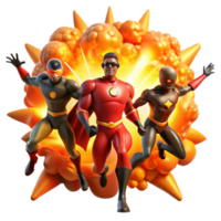 dramatic vintage A group of four diverse superheroes silhouetted against a fiery explosion, lit with dramatic orange and red hues in a dynamic, action-packed style 4K png
