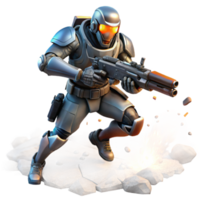 extraordinary modern A futuristic soldier in power armor, wielding a plasma rifle, charges towards an unseen enemy amidst a battlefield strewn with wreckage. Action-packed and dynamic lighting 4K png