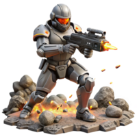 beautiful classic A futuristic soldier in power armor, wielding a plasma rifle, charges towards an unseen enemy amidst a battlefield strewn with wreckage. Action-packed and dynamic lighting premium png