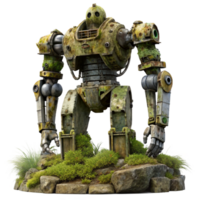 serene abstract A colossal, ancient robot, weathered and overgrown with vegetation, stands silent in a post-apocalyptic landscape. Dramatic lighting and a melancholic atmosphere original png