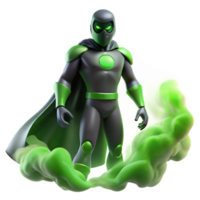 dramatic minimalist A shadowy superhero with intangible form, partially dissolving into smoke, lit with an eerie, green glow in a spooky, horror style exclusive png