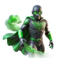 serene traditional A shadowy superhero with intangible form, partially dissolving into smoke, lit with an eerie, green glow in a spooky, horror style 4K png