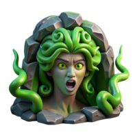 serene contemporary A fierce gorgon with snakes for hair and a petrifying gaze, emerging from a dark cave, lit by flashes of green light. Greek mythology style high resolution png