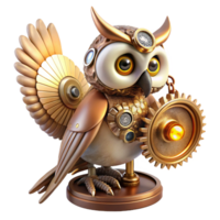 serene rustic A steampunk robotic owl perched on a gear-laden branch, intricate clockwork details in its wings and eyes, lit by a soft, ethereal glow. Art Deco style genuine png