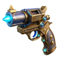 wonderful contemporary A steampunk pistol with ornate engravings and a glowing crystal embedded in the handle, lit by a dramatic spotlight. Cyberpunk style genuine png