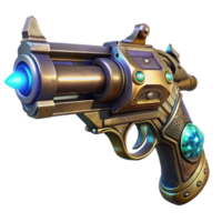 beautiful abstract A steampunk pistol with ornate engravings and a glowing crystal embedded in the handle, lit by a dramatic spotlight. Cyberpunk style 4K png