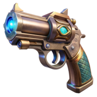 beautiful vintage A steampunk pistol with ornate engravings and a glowing crystal embedded in the handle, lit by a dramatic spotlight. Cyberpunk style detailed png