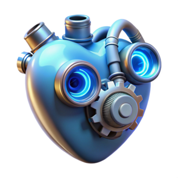 straordinario astratto un' steampunk meccanico cuore con intricato ingranaggi e tubi, pulsante con un' morbido, blu luce. biopunk stile autentico png