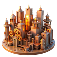 wonderful abstract A steampunk cityscape with towering clockwork buildings and intricate, interconnected gears, bathed in the warm glow of sunset. Cyberpunk style genuine png