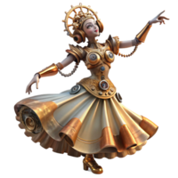 serene classic A steampunk automaton in the form of a graceful dancer, with intricate clockwork mechanisms visible beneath her flowing gown, lit by soft stage lighting. Art Deco style high quality png
