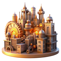 magnificent abstract A steampunk cityscape with towering clockwork buildings and intricate, interconnected gears, bathed in the warm glow of sunset. Cyberpunk style genuine png