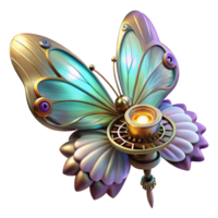 beautiful rustic A steampunk inspired mechanical butterfly with delicate, iridescent wings, perched on a gear-laden flower, illuminated by a soft, ethereal glow. Fantasy style high resolution png