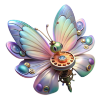 magnificent vintage A steampunk inspired mechanical butterfly with delicate, iridescent wings, perched on a gear-laden flower, illuminated by a soft, ethereal glow. Fantasy style original png
