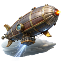 elegant modern A steampunk zeppelin with ornate carvings and a powerful searchlight, soaring through a stormy night sky, illuminated by flashes of lightning. Steampunk style 4K png