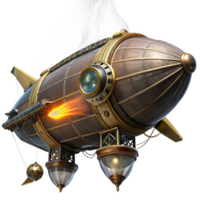 dramatic contemporary A steampunk zeppelin with ornate carvings and a powerful searchlight, soaring through a stormy night sky, illuminated by flashes of lightning. Steampunk style high resolution png