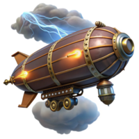 vibrant minimalist A steampunk zeppelin with ornate carvings and a powerful searchlight, soaring through a stormy night sky, illuminated by flashes of lightning. Steampunk style genuine png