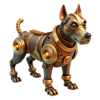 impressive modern A steampunk robotic dog with intricate gears and pistons, wagging its tail, illuminated by a warm, inviting light. Cyberpunk style premium png