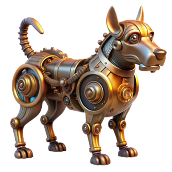 vibrante vintage uma steampunk robótico cachorro com intrincado engrenagens e pistões, abanando Está cauda, iluminado de uma esquentar, convidativo claro. cyberpunk estilo Alto qualidade png
