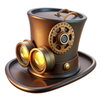 stunning vintage A steampunk top hat with intricate gears and goggles attached, illuminated by a single spotlight. Victorian Era style high quality png