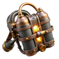 dramatic minimalist A steampunk jetpack with polished brass nozzles and intricate leather straps, emitting bursts of steam, illuminated by a bright, midday sun. Dieselpunk style premium png