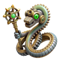 wonderful traditional A steampunk robotic snake with intricate scales and glowing eyes, coiled around a gear-laden staff, lit by a mysterious, green light. Fantasy style high resolution png