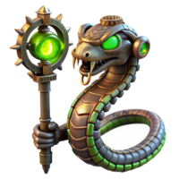elegant classic A steampunk robotic snake with intricate scales and glowing eyes, coiled around a gear-laden staff, lit by a mysterious, green light. Fantasy style authentic png