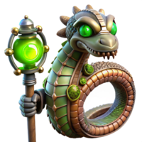 extraordinary minimalist A steampunk robotic snake with intricate scales and glowing eyes, coiled around a gear-laden staff, lit by a mysterious, green light. Fantasy style authentic png
