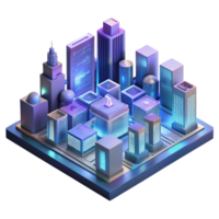 serene modern A futuristic cityscape composed entirely of interconnected circuit boards and glowing data streams, cyberpunk neon lighting, isometric perspective genuine png