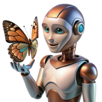 dramatic contemporary A humanoid robot gazing at a digital butterfly, intricate details on the robot's face, soft, warm lighting, emotional robotics style professional png
