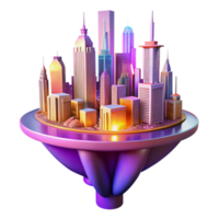 elegant minimalist A futuristic cityscape built on floating platforms, interconnected by glowing bridges, sunset lighting with warm orange and purple hues, utopian future style detailed png