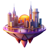 wonderful abstract A futuristic cityscape built on floating platforms, interconnected by glowing bridges, sunset lighting with warm orange and purple hues, utopian future style genuine png