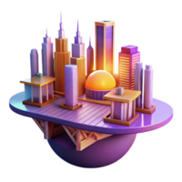 beautiful abstract A futuristic cityscape built on floating platforms, interconnected by glowing bridges, sunset lighting with warm orange and purple hues, utopian future style genuine png