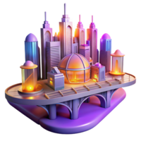 beautiful traditional A futuristic cityscape built on floating platforms, interconnected by glowing bridges, sunset lighting with warm orange and purple hues, utopian future style exclusive png