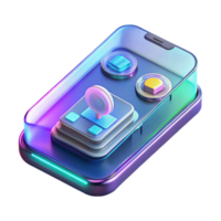 stunning artistic A transparent smartphone displaying a holographic user interface, neon UI elements, futuristic product design style professional png